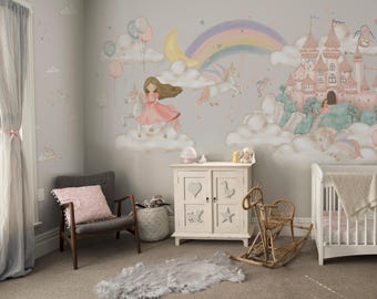 Princess and The Little Castle Wallpaper | Custom Design Kids and Nursery Room Decor | Unicorn, Rainbow