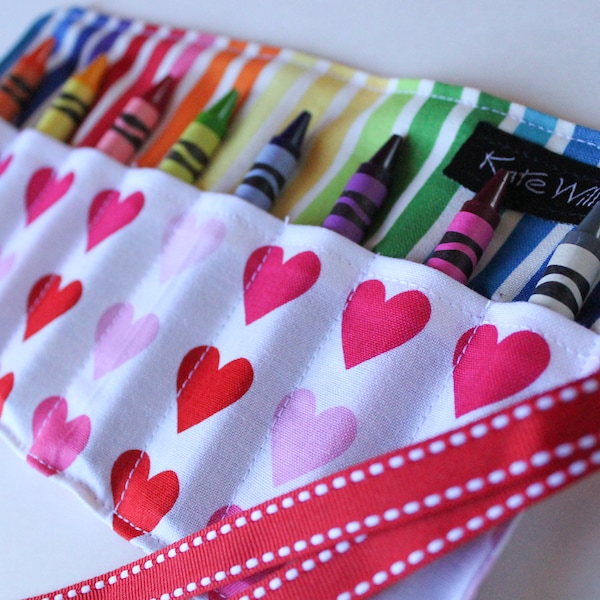 Stocking Stuffer-Kid Christmas Gift-Crayon Roll-Hearts Crayon Roll-Crayon Holder-Party Favor-Girl Birthday Gift-Crayon Organizer-Kid Craft