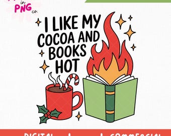 Me gusta mi cacao y libros calientes PNG / Pegatina navideña de moda Png / Navidad literaria Png / Navidad obscena / Libro picante Navidad Png /
