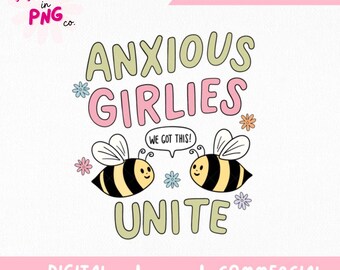 Chicas ansiosas, uníos PNG: Pegatina de salud mental de moda (Descarga digital)