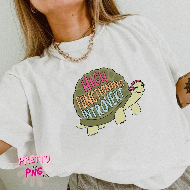May include: White t-shirt with a green turtle wearing headphones and the text "High Functioning Introvert".