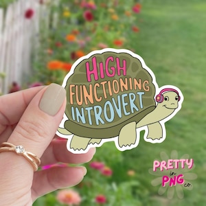May include: A sticker featuring a cartoon turtle wearing headphones with the text "HIGH FUNCTIONING INTROVERT" in colorful letters. The sticker is on a white background and has a white border.