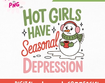 Chicas calientes tienen depresión estacional PNG / Pegatina navideña de moda Png / Muñeco de nieve divertido Salud mental Png / Tristeza invernal Png / Chica caliente Navidad /