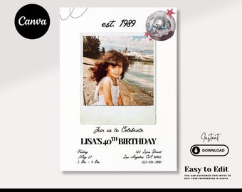 Retro Polaroid Style 40th Birthday Invitation, Editable Photo Milestone Invite, 1986 Birthday Party Template, Any Year Established Design