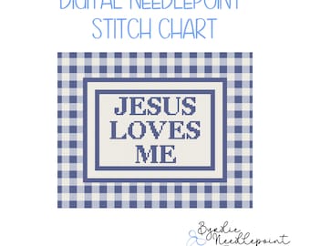 Jesus Loves Me Blue Gingham Digital Needlepoint Chart| Nursery Pattern | Digital Download | 13 mesh