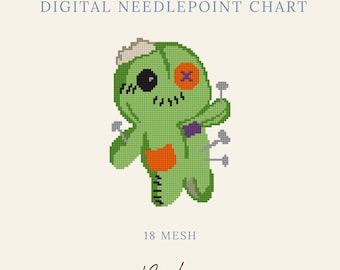 May include: A digital needlepoint chart featuring a green voodoo doll with a black eye, an orange button eye, and several pins stuck into its body. The design includes patches in orange and purple, with the text DIGITAL NEEDLEPOINT CHART, 18 MESH, and Byrdie.