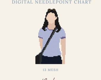 May include: A digital needlepoint chart featuring a pixelated illustration of a figure with dark hair, wearing a light blue shirt and a dark crossbody bag. The text reads DIGITAL NEEDLEPOINT CHART, 13 MESH, and the brand name Byrdie Needlepoint.