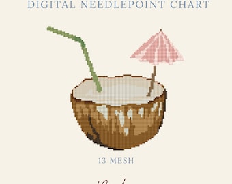 May include: A digital needlepoint chart featuring a pixelated coconut drink with a green straw and a pink cocktail umbrella. The text reads DIGITAL NEEDLEPOINT CHART, 13 MESH, and the brand name Byrdie Needlepoint in a script font on a cream background.