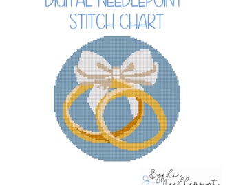 Eternal Love Needlepoint Pattern – Wedding Rings with Bow | cute Needlepoint ornament Pattern | 18 mesh chart | Digital Chart Download