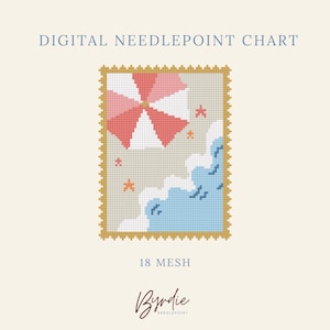 Op de afbeelding: Een digitaal naaldpuntpatroon voor 18 mesh met een gepixelde strandscène met een roze en wit gestreepte parasol, blauwe oceaangolven en oranje zeesterren. De tekst luidt DIGITAL NEEDLEPOINT CHART, 18 MESH en de merknaam Byrdie Needlepoint.