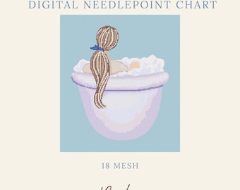 May include: A digital needlepoint chart featuring a pixelated illustration of a person with long blonde hair in a ponytail sitting in a white bathtub filled with bubbles. The text reads DIGITAL NEEDLEPOINT CHART, 18 MESH, and Byrdie NEEDLEPOINT.