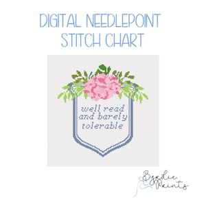 Well Read Barely Tolerable needlepoint| Funny Needlepoint Pattern | Digital Download | Cute Stitch Chart | 13 mesh chart