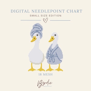 May include: A digital needlepoint chart titled Small Size Edition featuring two pixelated white ducks with yellow beaks and feet. One duck wears a blue towel wrap on its head, and the other wears a blue bathrobe. The text 18 MESH and Byrdie Needlepoint appear.