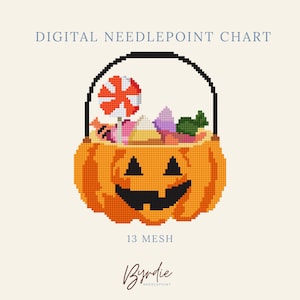 May include: A digital needlepoint chart featuring a pixelated orange jack-o'-lantern bucket filled with assorted colorful candies, including a red and white striped lollipop. The text reads DIGITAL NEEDLEPOINT CHART, 13 MESH, and Byrdie Needlepoint.