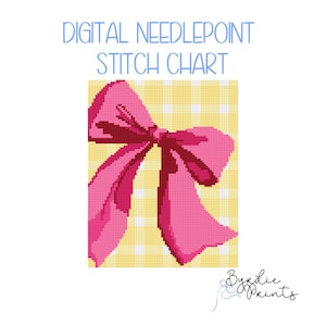 Pink Bow and Gingham needlepoint chart| cute Needlepoint Pattern | Digital Download | Cute Stitch Chart | 13 mesh chart
