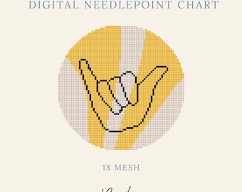 May include: A digital needlepoint chart featuring a circular design with a shaka hand gesture in black outline against a background of alternating yellow and white diagonal stripes. The text reads DIGITAL NEEDLEPOINT CHART, 18 MESH, and Byrdie.
