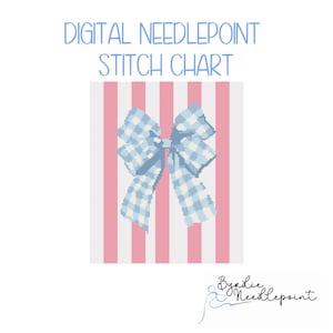 Patrón de bordado con tiras rosas y lazo de cuadros azules / Patrón de bordado preppy / Descarga digital / Gráfico de puntadas lindo / Gráfico de 13 mallas