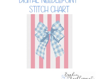 Pink Stripes and Blue Gingham Bow needlepoint| Preppy Needlepoint Pattern | Digital Download | Cute Stitch Chart | 13 mesh chart