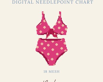 May include: A digital needlepoint chart featuring a pixelated two-piece swimsuit in hot pink with light pink polka dots. The top has a center tie detail and the bottoms are high-waisted. Text reads DIGITAL NEEDLEPOINT CHART, 18 MESH, and Byrdie.
