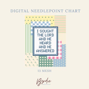 May include: A digital needlepoint chart featuring a central dark blue rectangular frame containing the text I SOUGHT THE LORD AND HE HEARD AND HE ANSWERED. The background consists of a patchwork of pastel colored squares with various patterns.