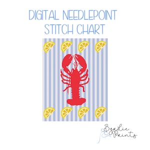 Lobster and Lemons Coastal Needlepoint| Cute Summer Needlepoint Pattern | Digital Download | Cape Cod Needlepoint | 18 mesh chart