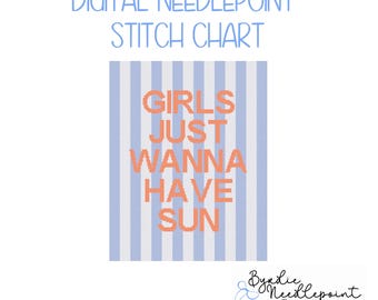 Girls Just Wanna Have Sun Needlepoint Chart | Digital Download | Summer Stitch | Beach Vibes Wall Art | 18 mesh chart