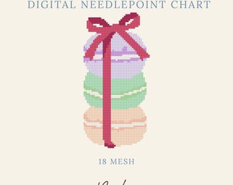 May include: A digital needlepoint chart featuring a stack of three macarons in lavender, light green, and peach, tied with a dark pink ribbon. The text reads DIGITAL NEEDLEPOINT CHART, 18 MESH, and the brand name Byrdie Needlepoint at the bottom.