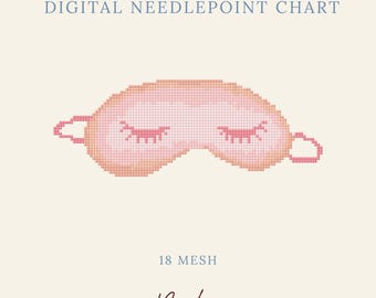 May include: A digital needlepoint chart featuring a pixelated illustration of a light pink sleep mask with closed eyes. The text reads DIGITAL NEEDLEPOINT CHART, 18 MESH, and the brand name Byrdie Needlepoint in a dark script font.