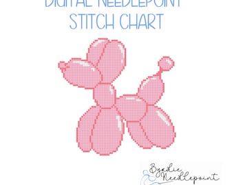 Pink Balloon Dog Needlepoint Pattern | Whimsical 18 Mesh Chart (Digital Download)
