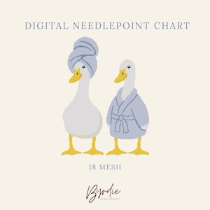 May include: A digital needlepoint chart featuring two white ducks with yellow beaks and feet. One duck wears a light blue towel wrap on its head, and the other wears a light blue bathrobe. The text reads DIGITAL NEEDLEPOINT CHART, 18 MESH, and Byrdie.