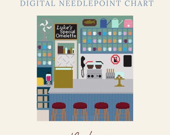 May include: A digital needlepoint chart featuring a diner interior with a counter, four red stools, and shelves of mugs. A sign reads Luke's Special Omelette. The scene includes a telephone, a toaster, a no-cellphone sign, and a blender.