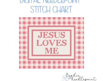 Jesus Loves Me Pink Gingham Digital Needlepoint Chart| Nursery Pattern | Digital Download | 13 mesh