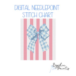 Pink Strips and Blue Gingham Bow needlepoint| Preppy Needlepoint Pattern | Digital Download | Cute Stitch Chart | 13 mesh chart
