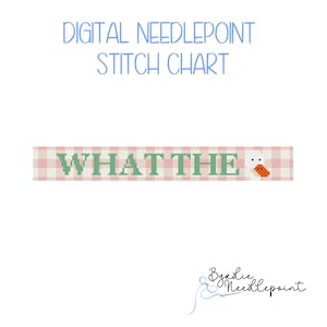 Peut inclure: Diagramme de point de croix numérique avec le texte "WHAT THE" en lettres vertes sur un fond à carreaux rose et blanc. Un petit canard blanc avec un bec orange est à droite du texte.