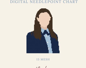 May include: A digital needlepoint chart featuring a pixelated illustration of a person with long brown hair, wearing a dark blue jacket over a light blue collared shirt. The text reads DIGITAL NEEDLEPOINT CHART, 13 MESH, and the brand name Byrdie.