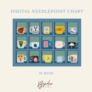 May include: A digital needlepoint chart for 18 mesh featuring a grid of fifteen mugs in individual blue cubbies. The mugs display various designs including a leaf, the text YALE, a snowflake, a slice of pizza, and the text LUKE'S. Byrdie Needlepoint.