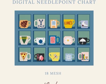 May include: A digital needlepoint chart for 18 mesh featuring a grid of fifteen mugs in individual blue cubbies. The mugs display various designs including a leaf, the text YALE, a snowflake, a slice of pizza, and the text LUKE'S. Byrdie Needlepoint.