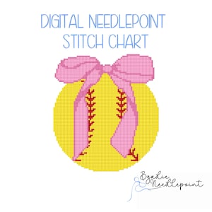 Softball and Bow Needlepoint Pattern | Girlie stitch, 18 Mesh (Digital Download)