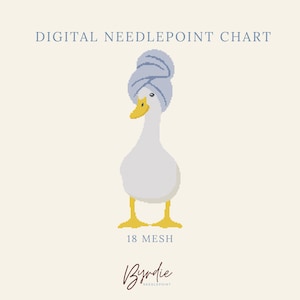 May include: A digital needlepoint chart featuring a white duck with a yellow beak and feet, wearing a light blue towel wrapped around its head. The text reads DIGITAL NEEDLEPOINT CHART, 18 MESH, and the brand name Byrdie Needlepoint at the bottom.