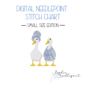 Puede incluir: Gráfico de punto de cruz digital con dos patos de dibujos animados. Uno lleva una toalla en la cabeza, el otro una bata. El texto dice "Digital Needlepoint Stitch Chart - Small Size Edition".