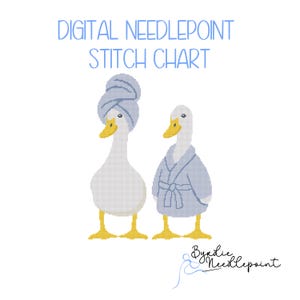 バスタイムグースペアのデジタルニードルポイントパターン | 面白いグースのニードルポイント | デジタルダウンロード | かわいいステッチ | 18メッシュチャート
