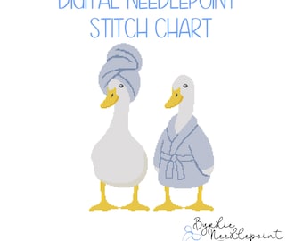 Patrón digital de bordado "Dos gansos para la hora del baño" / Bordado de ganso divertido / Descarga digital / Puntada linda / Gráfico de 18 mallas