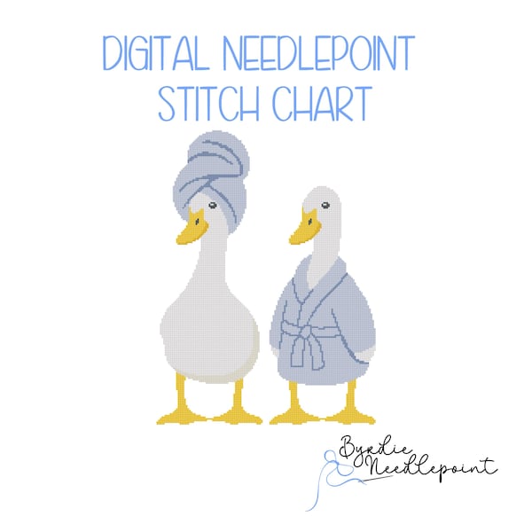 Patrón digital de bordado "Dos gansos para la hora del baño" / Bordado de ganso divertido / Descarga digital / Puntada linda / Gráfico de 18 mallas
