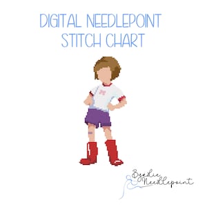 May include: Digital needlepoint stitch chart featuring a pixelated illustration of a person in a white shirt with red trim, purple shorts, and red boots. The text "DIGITAL NEEDLEPOINT STITCH CHART" is at the top.