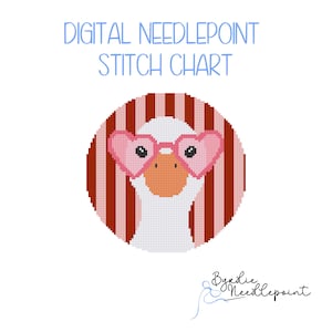 Puede incluir: Patrón de punto de aguja digital con un ganso que lleva gafas de sol rosas en forma de corazón. El ganso está sobre un fondo a rayas rojas y rosas. El texto "Digital Needlepoint Stitch Chart" está en la parte superior.