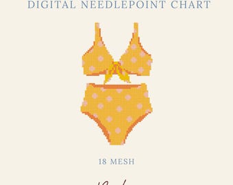 May include: A digital needlepoint chart featuring a pixelated yellow bikini with white polka dots and a center tie detail. The text reads DIGITAL NEEDLEPOINT CHART, 18 MESH, and the brand name Byrdie Needlepoint at the bottom of the image.