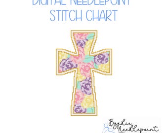Flower Cross Digital needlepoint| Easter Needlepoint Pattern | Digital Download | Pretty Stitch Chart | Flower Decor | 13 mesh chart