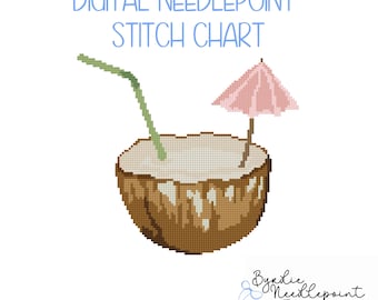Tropical Coconut Drink Needlepoint Chart | Summer Vacation Pattern (Digital Download) 13 Mesh Chart