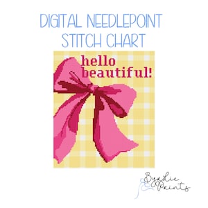 Hello Beautiful Pink Bow and Gingham needlepoint chart| cute Needlepoint Pattern | Digital Download | Cute Stitch Chart | 13 mesh chart