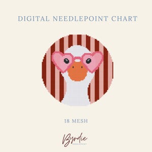 May include: A digital needlepoint chart featuring a white goose wearing pink heart-shaped glasses against a background of vertical red and white stripes. The design is circular, labeled 18 MESH, and includes the text DIGITAL NEEDLEPOINT CHART and Byrdie.